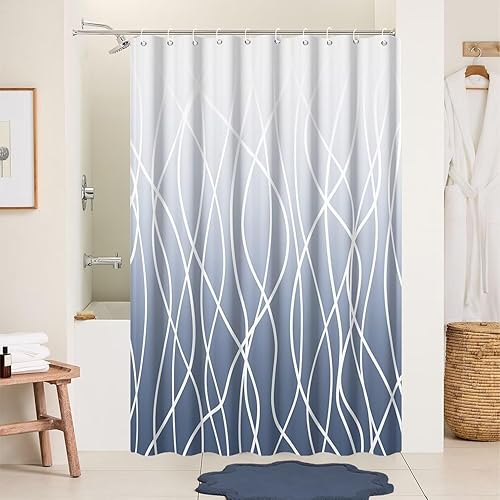Miniatura 71 de Cortina de ducha pequeña a rayas gris claro degradado para baño, 36 x 72 pulgadas, juego de cortina de ducha geométrica para cabina de RV con Gris