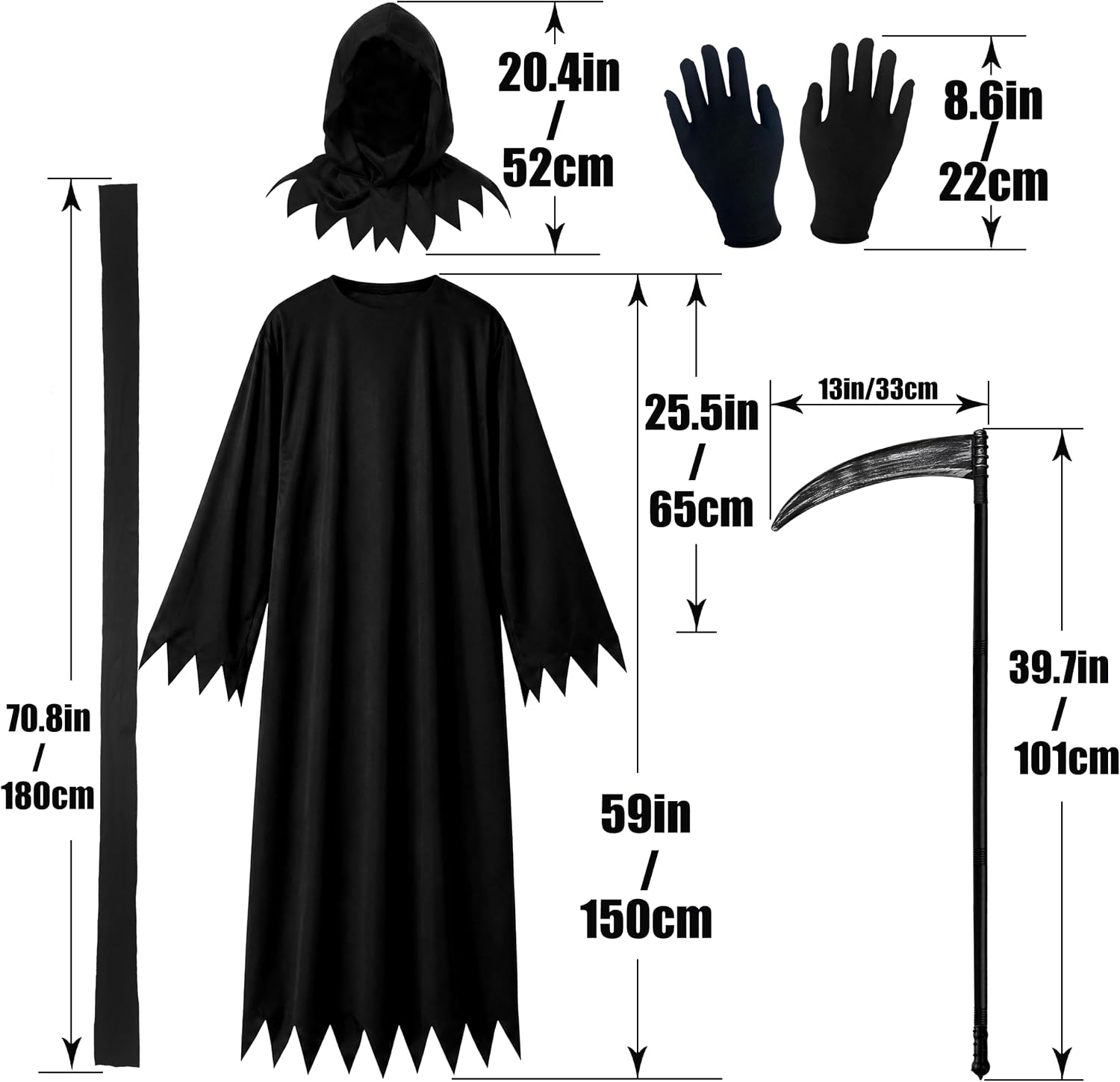 Grim Reaper Costume Set for Adult Scary Ghost Phantom Halloween Robe (59")