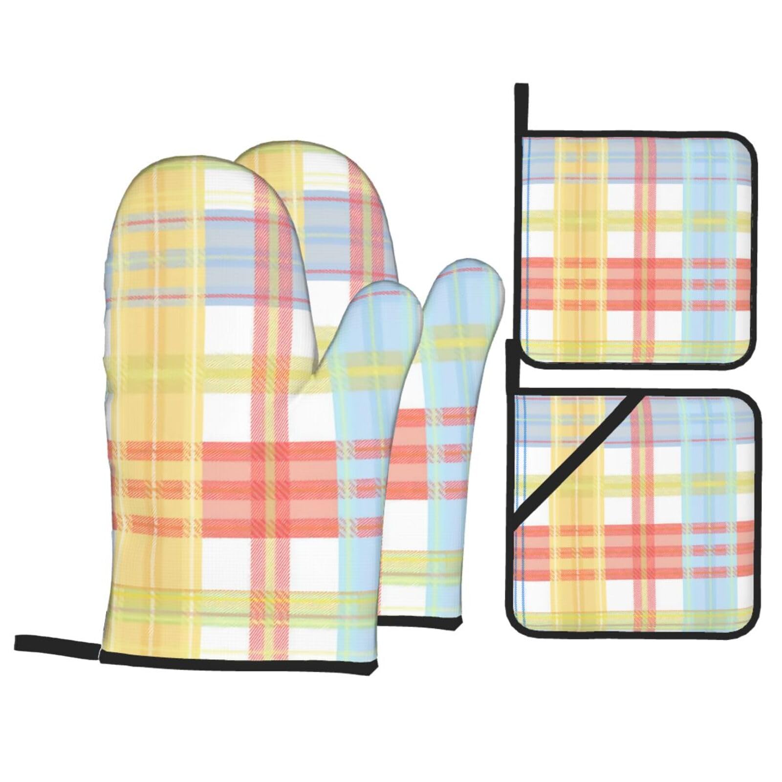 Tartan Heat Resistant Oven Mitts and Pot Holders Set of 4 Protection Utensil Pocket for Grilling Baking Cooking