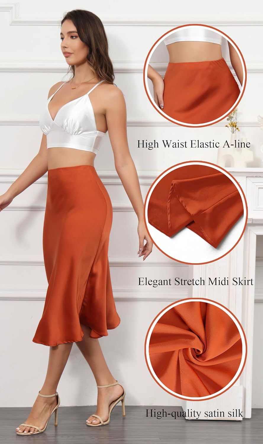 ALCEA ROSEA Womens Satin High Waisted Silky Midi Skirt Elastic A-line Skirt for Wedding Party Work - Image 4