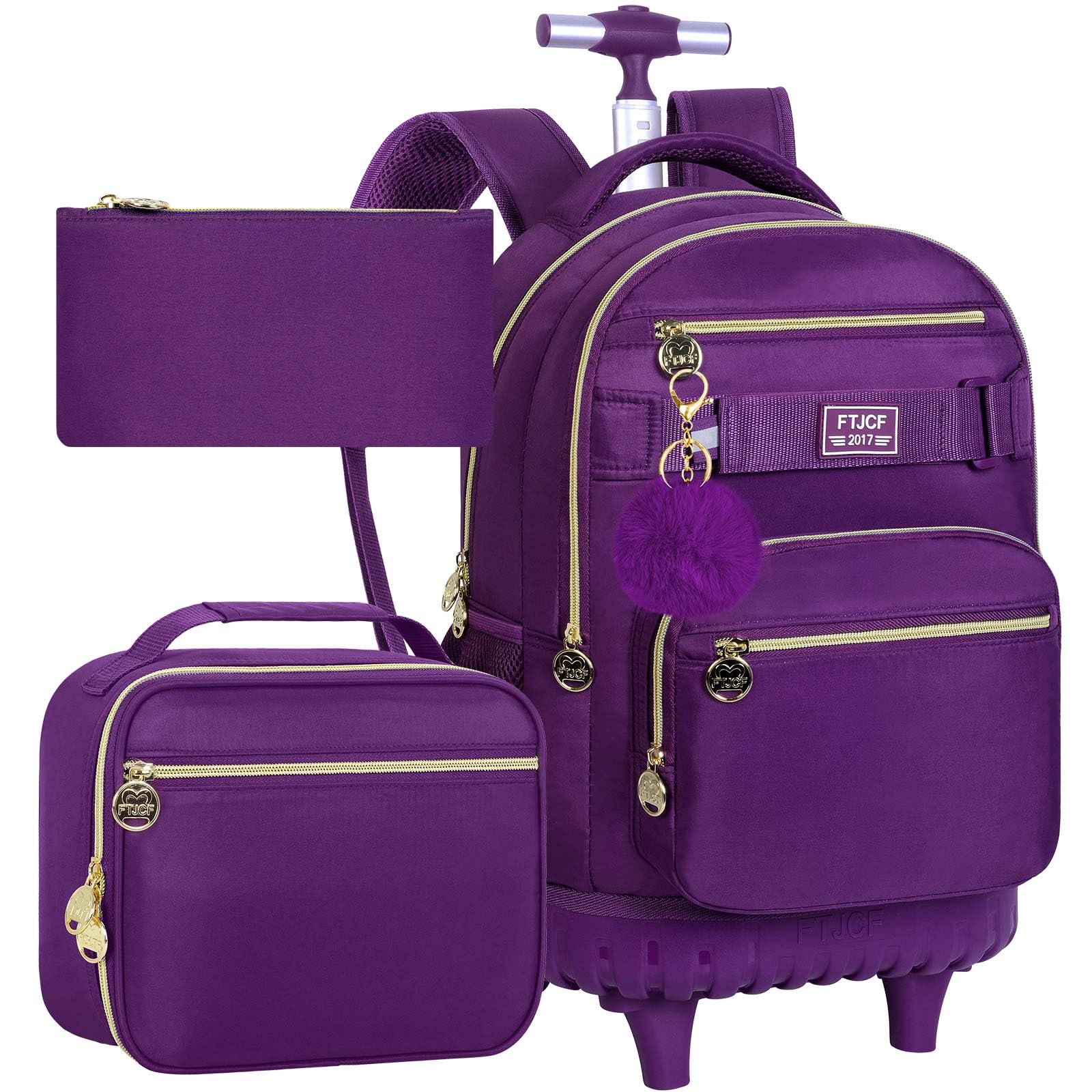 3Pcs Rolling Backpack for Girls Women 19 Inche Adults Roller Backpacks with Wheels School Wheeled Bookbag with Lunch