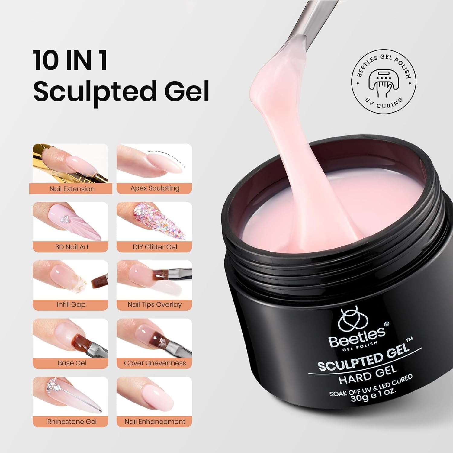 Beetles Builder Gel for Nails-10 in 1 30g *3 Colors Builder Nail Gel Kit Nail Extension Clear Nude Pink Hard Gel Sculpted Gel with Base Top Coat Nail Forms Nail Pen Nail Art Manicurist Gift for Women