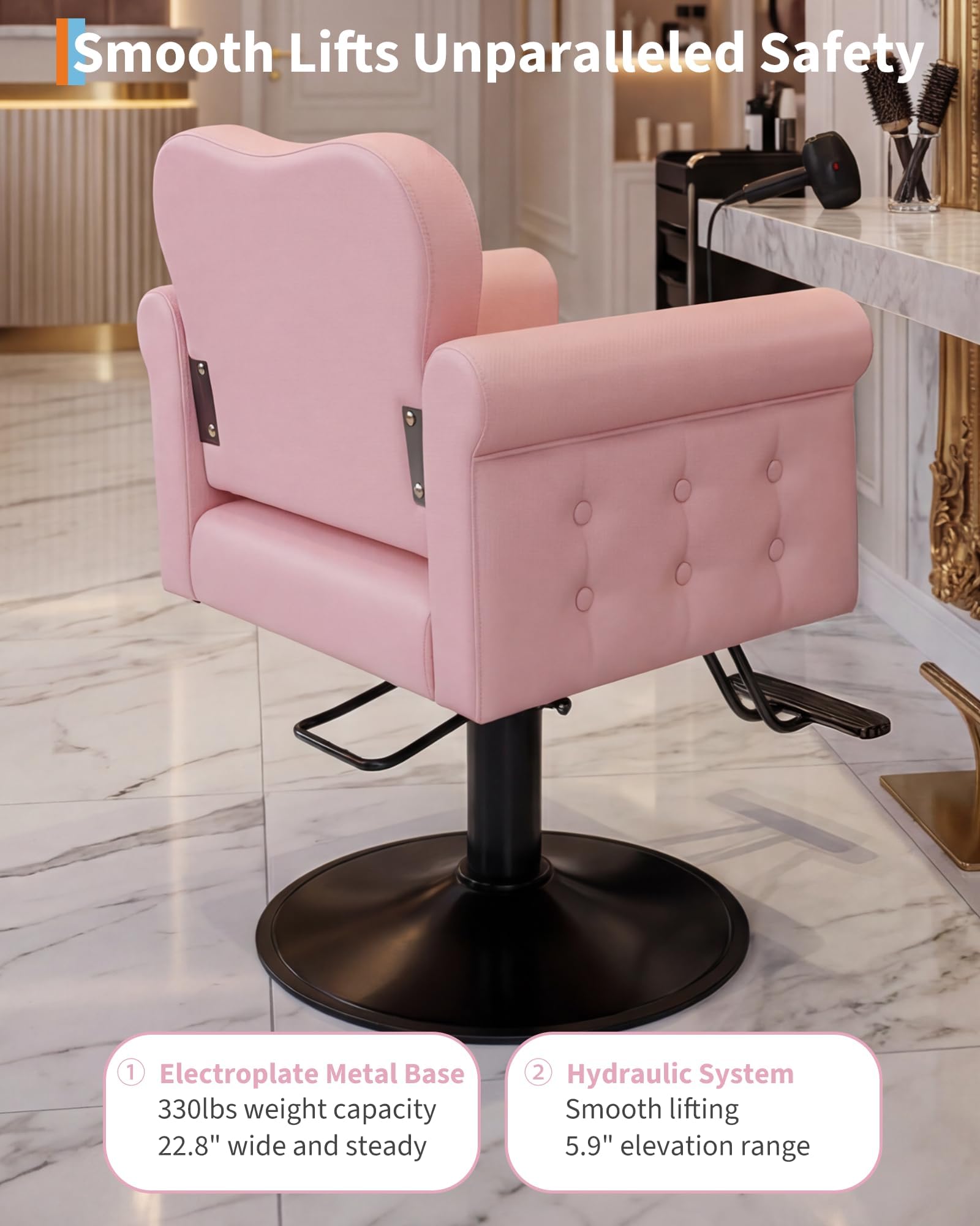 Garvee Fauteuil De Coiffeur en PU pour Styliste, Chaise De Barbier avec Pivotement, Base Ronde en Métal, Lift Hydraulique, Capacité Jusqu'à 150 kg, pour Salon De Coiffure, Spa, Maison, Rose