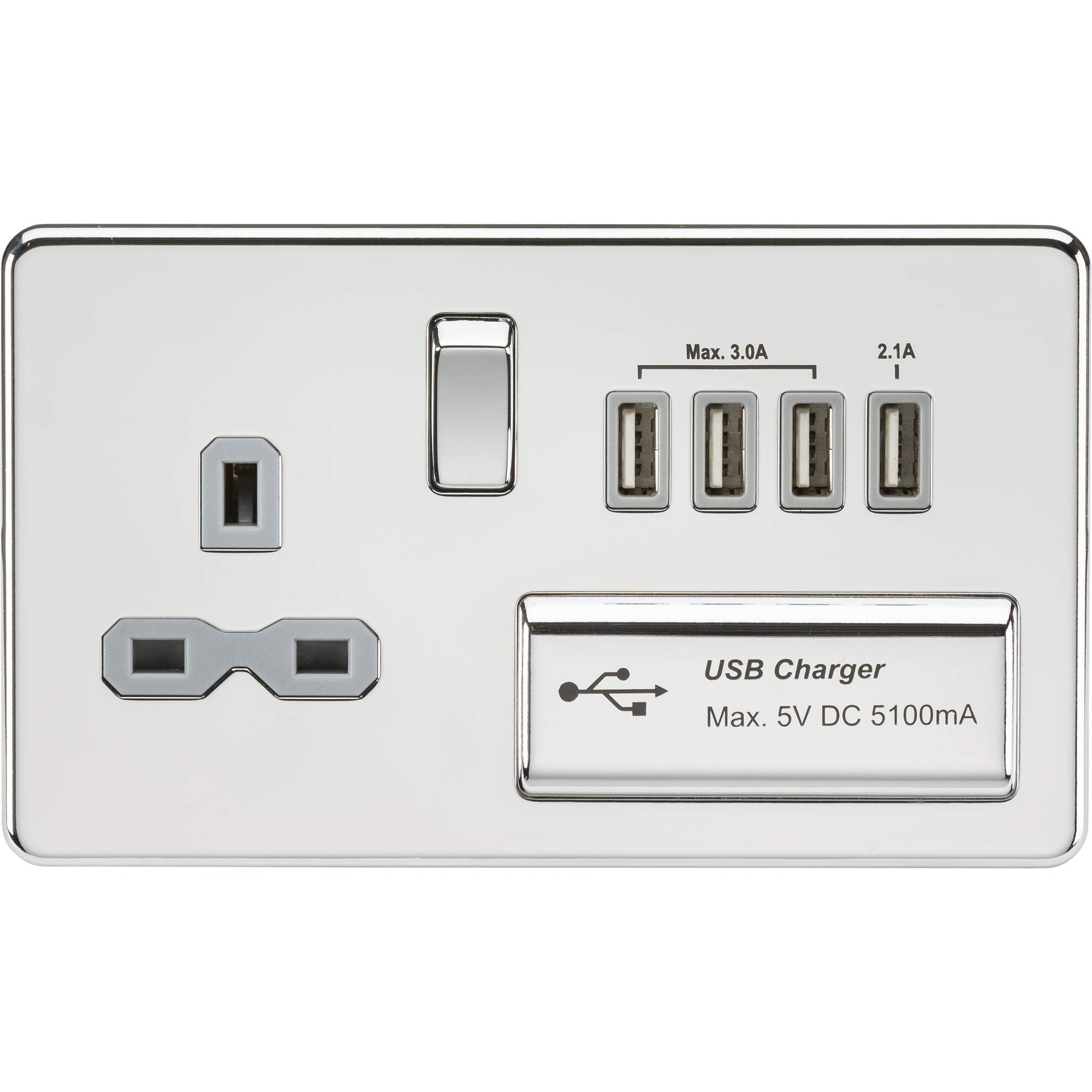 Knightsbridge Polished Chrome With Grey Insert Sfr7usb4pcg Screwless Switched Socket With 5.1 A Quad Usb Charger, 13 A