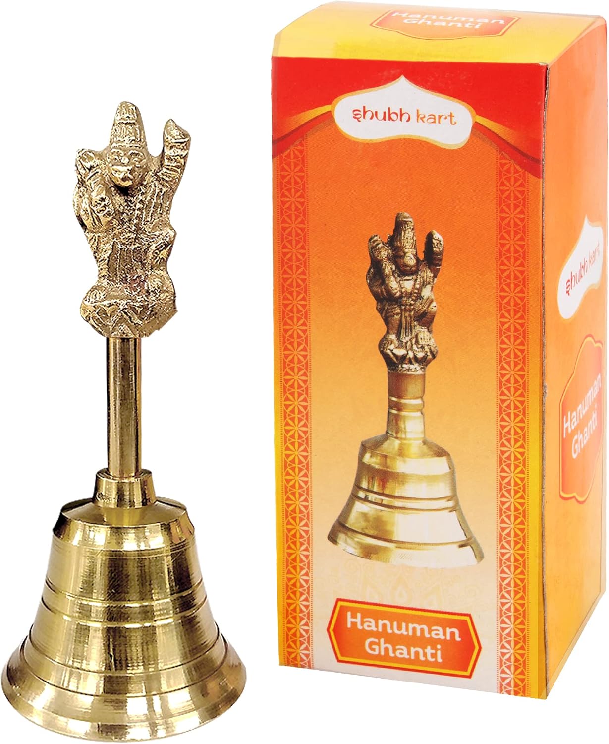 Shubhkart Solid Brass Ghanti for Pooja | 3.7" Puja Bell for Temple | Hand Held Bell for Events Decoration, Food Line, Alarm, Jingles, Ringing and Service Bell (Medium)