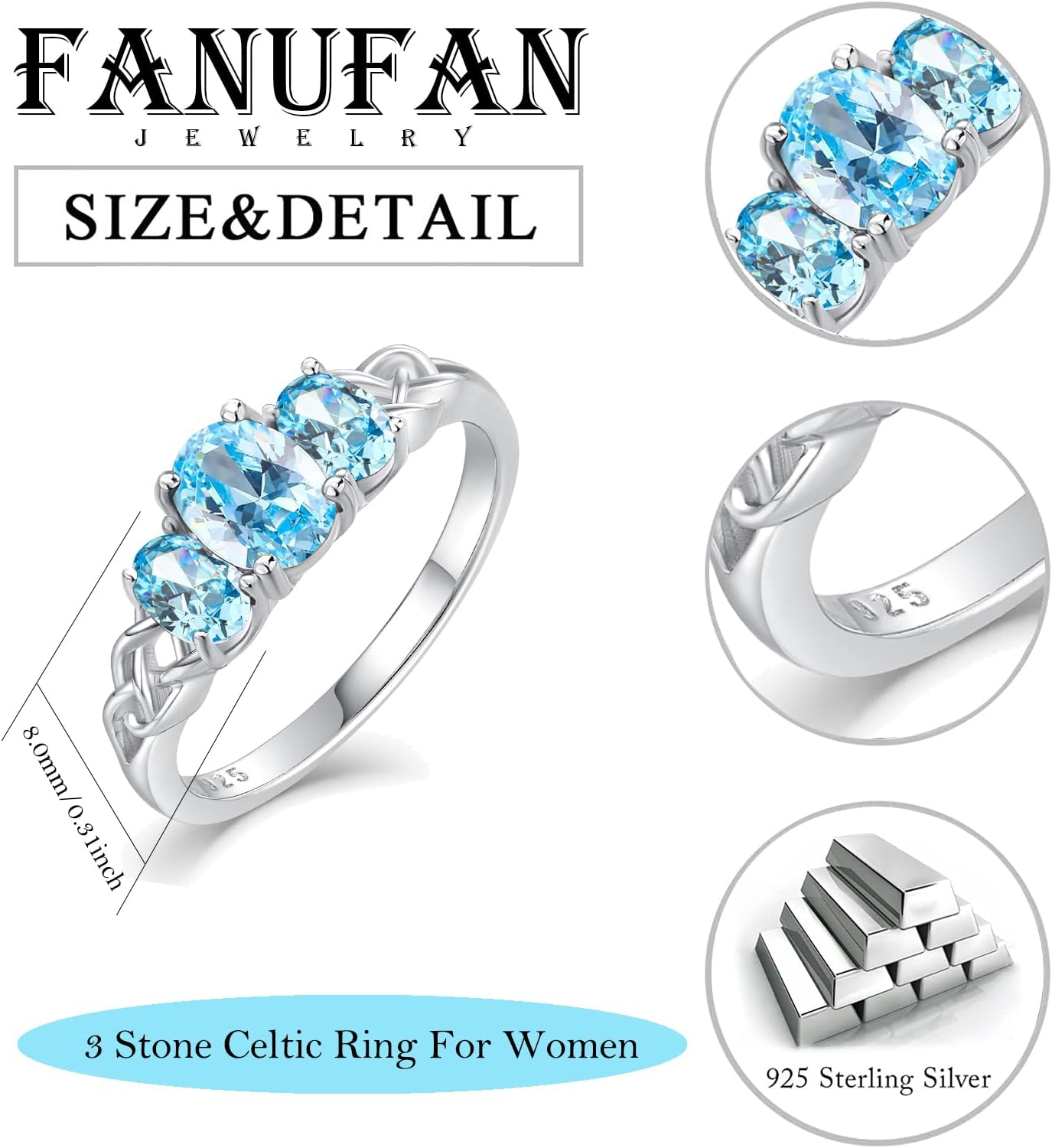 Celtic Birthstone Rings for Women 925 Sterling Silver Celtic Knot Ring 3-Stone Promise Rings for Her Wife Birthday Anniversary Wedding Jewelry - Image 2