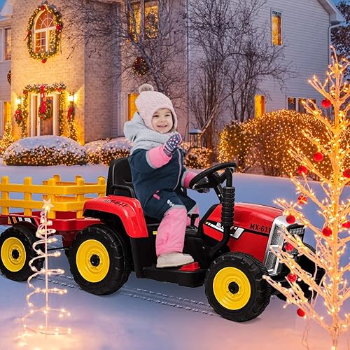 Miniatura 8 de Tractor eléctrico a batería para niños con control remoto y remolque para padres, juguete de paseo de 12 V con motores duales 2+1 cambio de marcha7