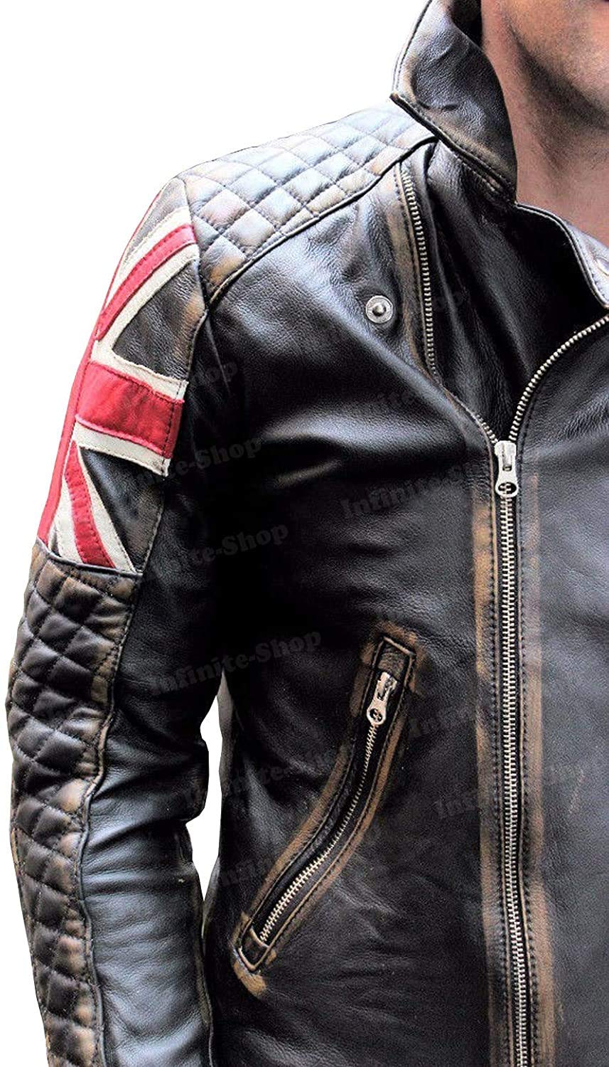 Cafe Racer Veste de moto vintage, Blouson Cuir Vieilli avec drapeau du Royaume-Uni - noir - Large