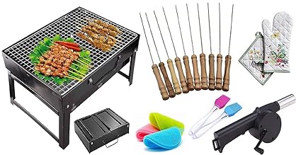 BELLADOR? Combo { 1 Foldable Charcoal Barbeque Tandoori Grill & 10 BBQ Stick/Skewers & 1 Air Blower & 2 Oil Brush & 1 Gloves & 2 Scrubber } Handle - Folding Outdoor Brief Case BBQ Grill Oven - Black
