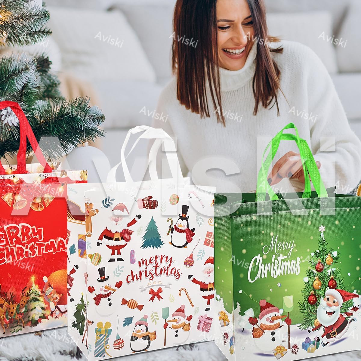 Aviski 8PCS Christmas Gift Bags, Non-Woven Treat Tote Large Christmas Bags with Handles for Gifts Wrapping Shopping, Xmas Party Supplies, 15"×13.8"×5.9"