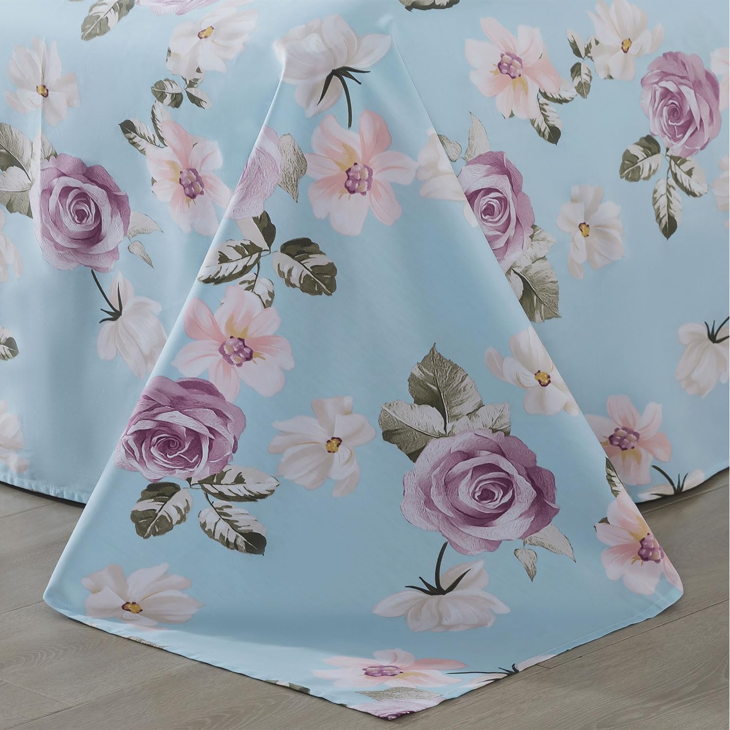 FADFAY King Sheets Set Percale Cotton Pink Floral Bed Sheets Deep Pocket Fitted Sheet, Luxury Blue Vintage Rose Flower Printed Shabby Bedding for All Season, Super Soft Crisp & Cool, 4 Pcs