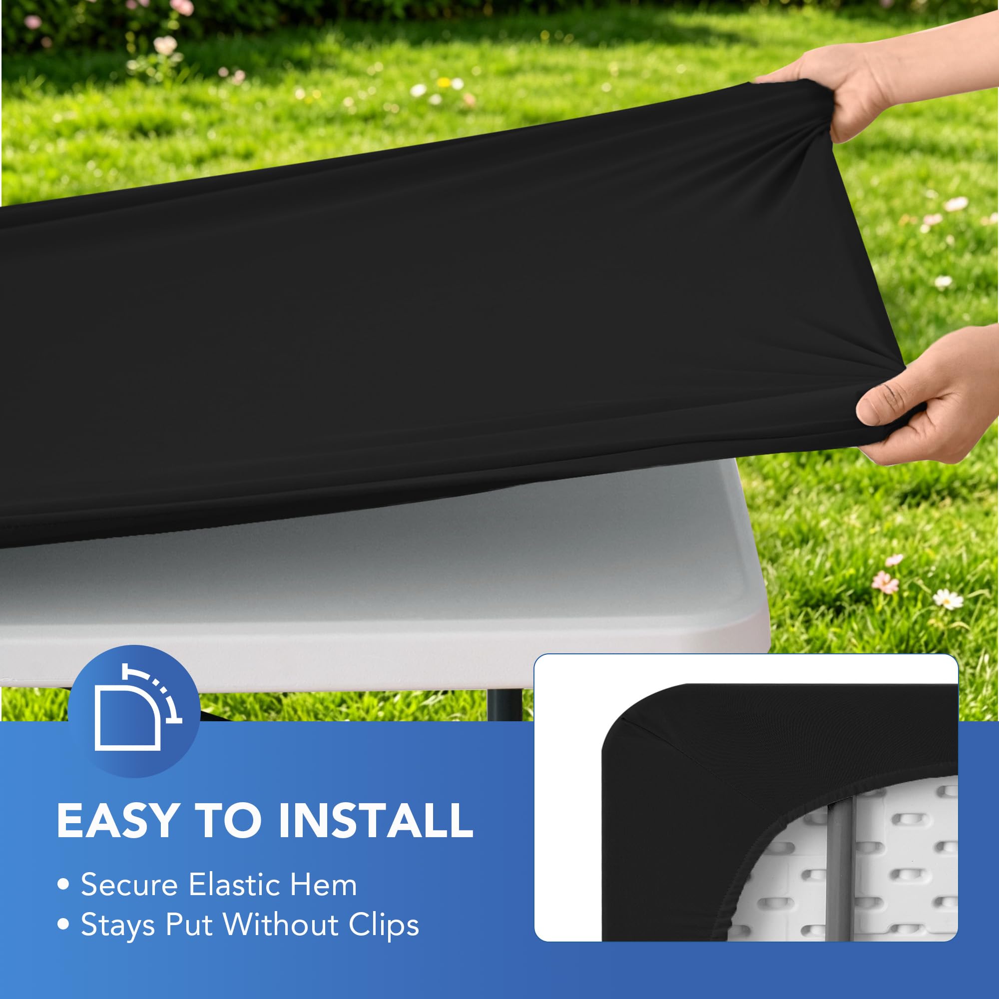 Mantel ajustable para mesas rectangulares de 8 pies, paquete de 10 unidades, color negro, elástico, plegable, de elastano, para camping, comedor, patio, cocina, banquete y fiesta