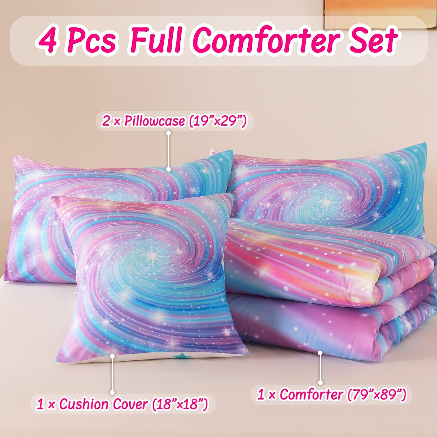 Full Bedding Set for Girls, Purple Glitter Stars Comforter Set for Girls, Galaxy Bedding Sets Full Size