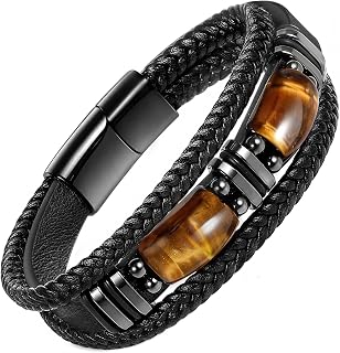 Tiger Eye Black Leather Bracelet Men Natural Tiger Eye Gemstone Crystal Stone Jewelry Handmade Courage And Stress Relief Protection Bracelet