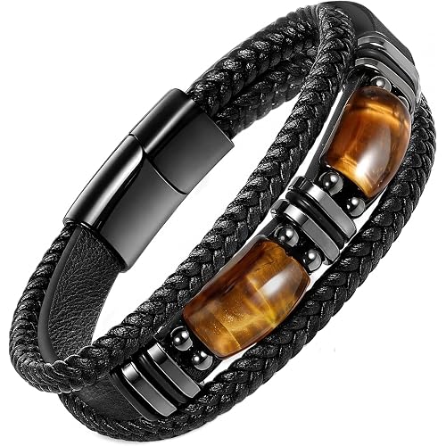 Tiger Eye Black Leather Bracelet Men Natural Tiger Eye Gemstone Crystal Stone Jewelry Handmade Courage And Stress Relief Protection Bracelet