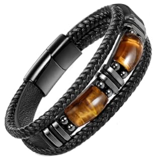 Enjoy Risingsun Pulsera de cuero negro de ojo de tigre para hombre, piedra preciosa de ojo de tigre natural, joyería hecha a mano, pulsera de protección para el alivio del estrés y el coraje