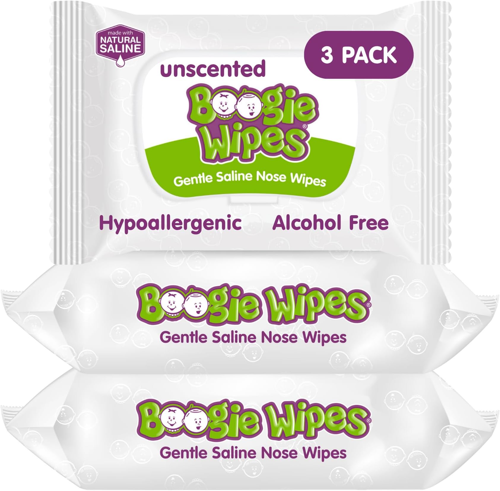 Wipes 30 Piece Gentle Saline for Stuffy Noses Simply Unscented, 3 Count