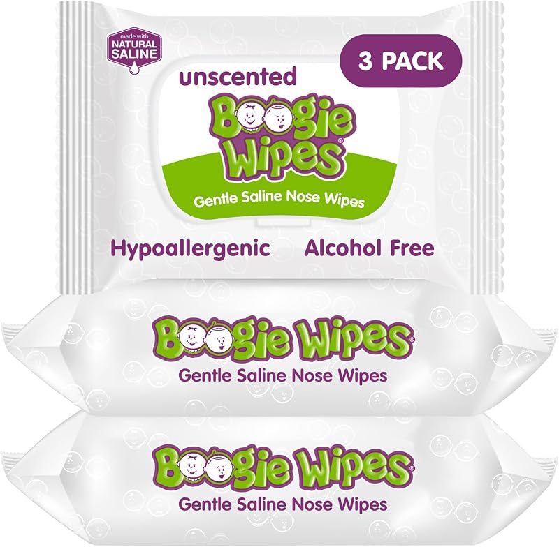Toallitas nasales Boogie Saline sin perfume - 90 unidades | Hipoalergénico y sin alcohol, alivio de alergias, elaborado con solución salina natural, aloe, manzanilla y vitamina E, esencial para bolsa de pañales