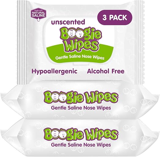 Boogie Wipes Saline Nose Wipes - 90 Count - Unscented, Hypoallergenic & Alcohol-Free - Allergy Relief - Made with Natural Saline, Aloe, Chamomile & Vitamin E - Diaper Bag Essential