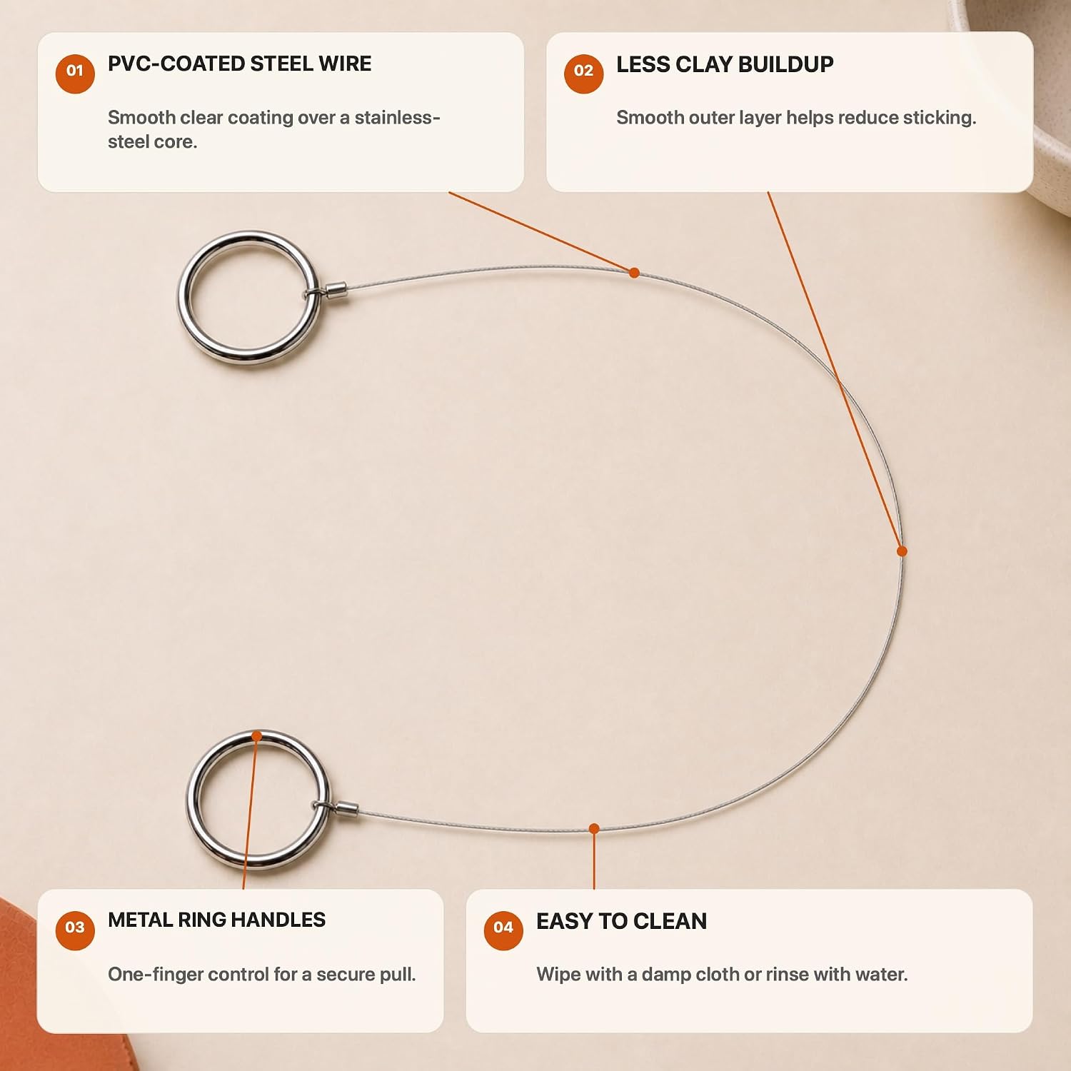 Dearmud Clay Cutters Wire, 2-Piece Stainless Steel Pottery Cutting Tools with Metal Ring Handles for Clay Blocks, Wedging, Sculpting and Slicing, Non-Stick & Easy to Clean for Ceramic Artists