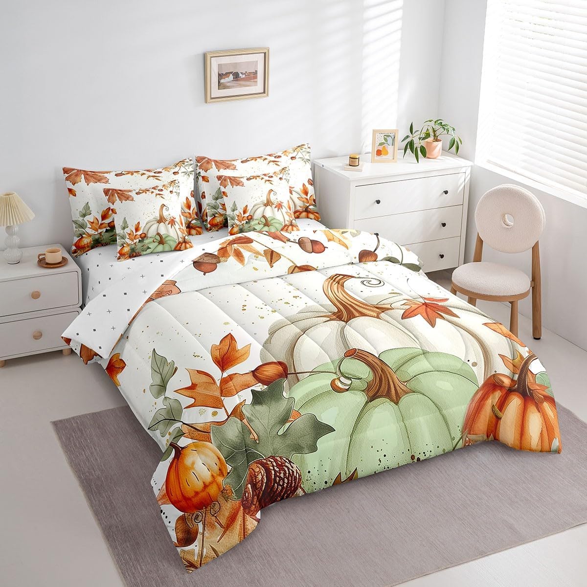 Erosebridal 7Pcs Fall Pumpkin Comforter Sets Twin Size, Autumn Harvest Comforter Set Maple Leaves Bed in a Bag(1 Comforter, 1 Flat Sheet 1 Fitted Sheet 2 Pillowcases and 2 Throw Pillow Covers)