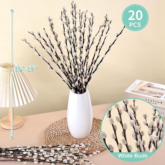 Oning 20 Stems Real Dried Pussywillow Preserved Greenery Branches for Vase | Natural Pussywillows with White Flowers, Snow Willow Branches for Easter Wedding Home Party Hotel Fireplace Yard Decor