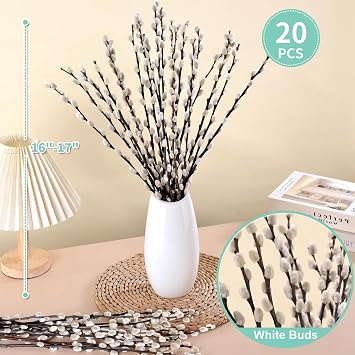 Oning 20 Stems Real Dried Pussywillow Preserved Greenery Branches for Vase | Natural Pussywillows with White Flowers, Snow Willow Branches for Easter Wedding Home Party Hotel Fireplace Yard Decor
