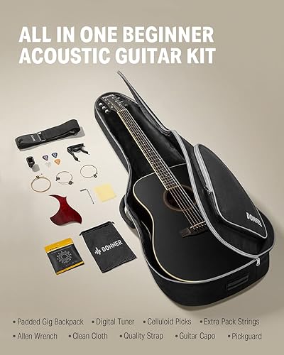 Vista 10 de Donner guitarra acústica dreadnought para adultos principiantes, de tamaño estándar, con funda, correa, afinador, cejilla, golpeador, cuerdas y 4
