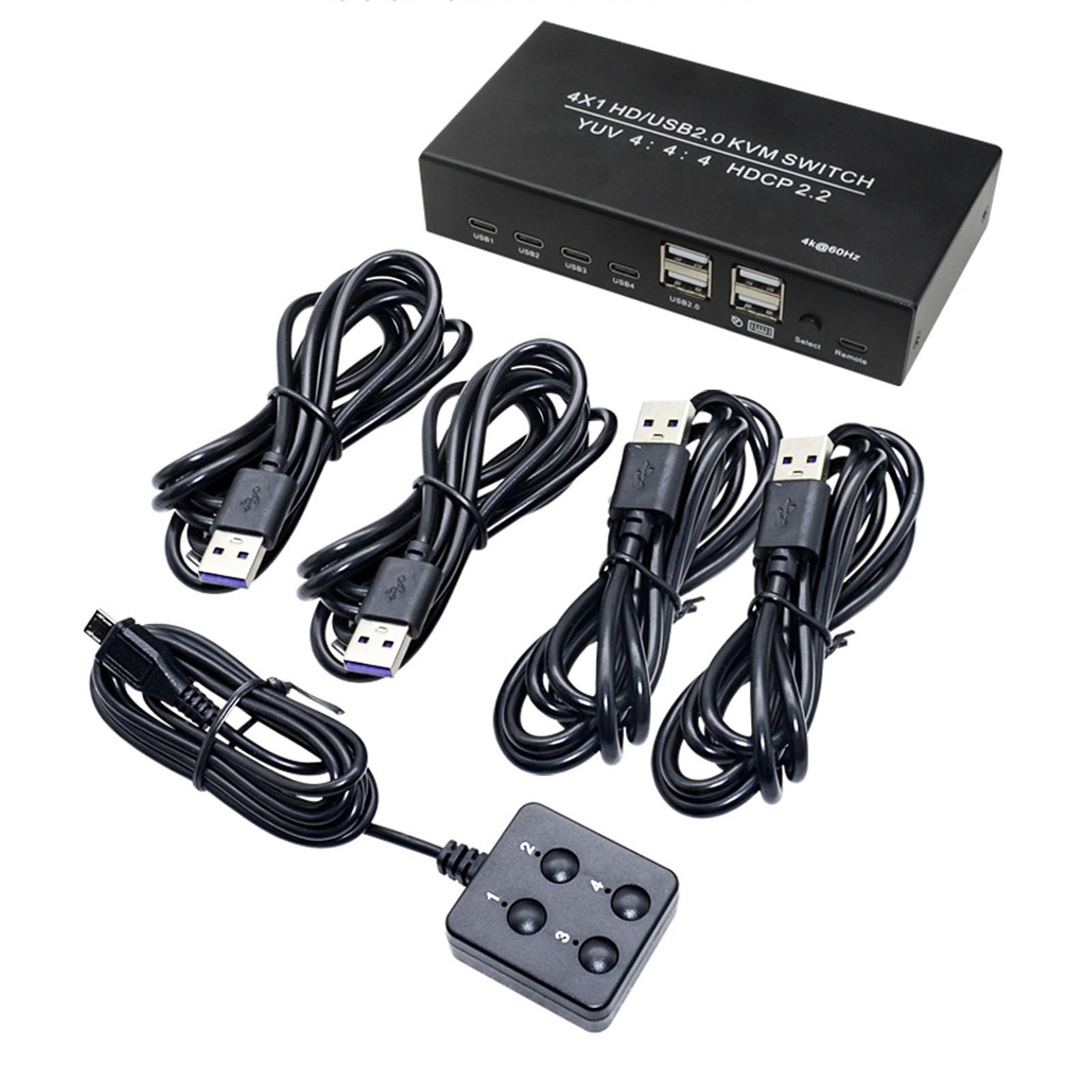 Sxhlseller Przełącznik KVM 4K 60 Hz HDMI do 4 Komputerów, 2 Tryby Przełączania, Adaptacyjny EDID, 4 Porty i Kable USB Typu C, Udostępnianie Jednego Monitora, Klawiatury i Myszy, Drukarki
