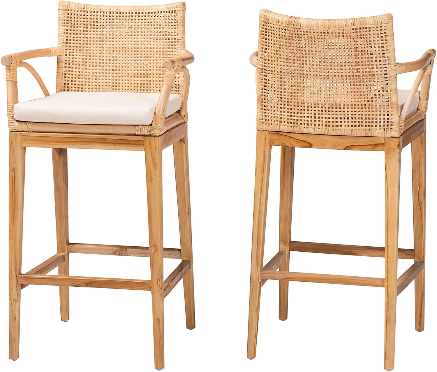 bali & pari Storsel Bohemian Natural Rattan and Teak Wood 2-Piece Bar Stool Set
