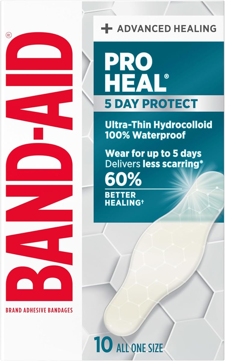 BAND-AID Brand Pro Heal 5 Day Protect vendajes hidrocoloides, talla única, 10 unidades | Curación avanzada para el cuidado de heridas, vendajes de primeros auxilios hidrocoloides ultrafinos 100% impermeables, menos cicatrices en comparación con heridas descubiertas