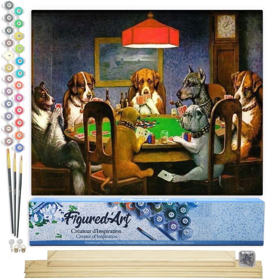 Figured'Art Paint by Numbers Kit for Adults Dogs Playing Poker 16"x20" - Craft Art Painting Rolled Canvas with DIY Wooden Frame