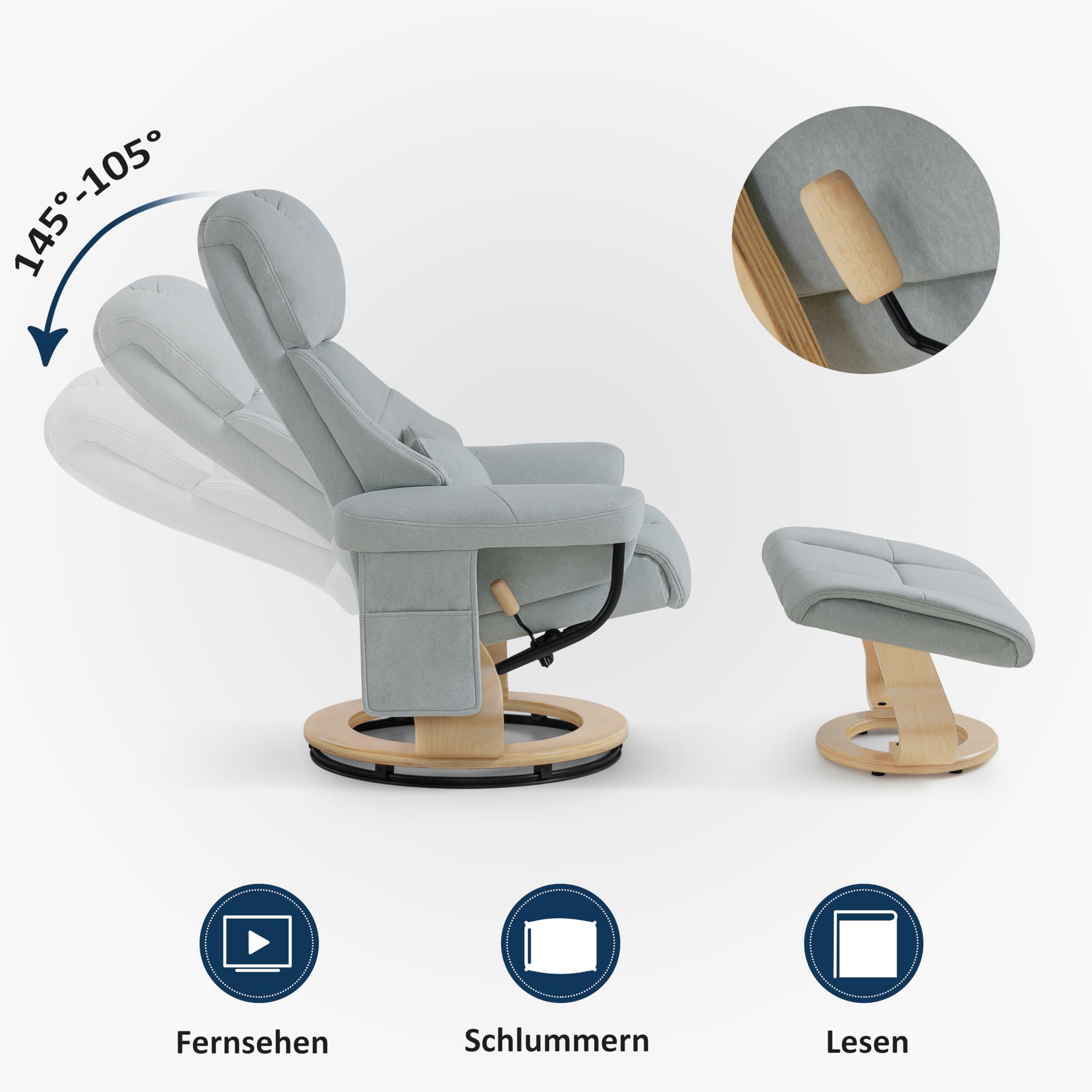 M MCombo Relaxsessel mit Hocker, Drehbare Fernsehsessel mit Liegefunktion, Moderner TV-Sessel Stuhl für Wohnzimmer, mit Kissen & Seitentasche, 9066 (Hellgrau-Mikrofaser)