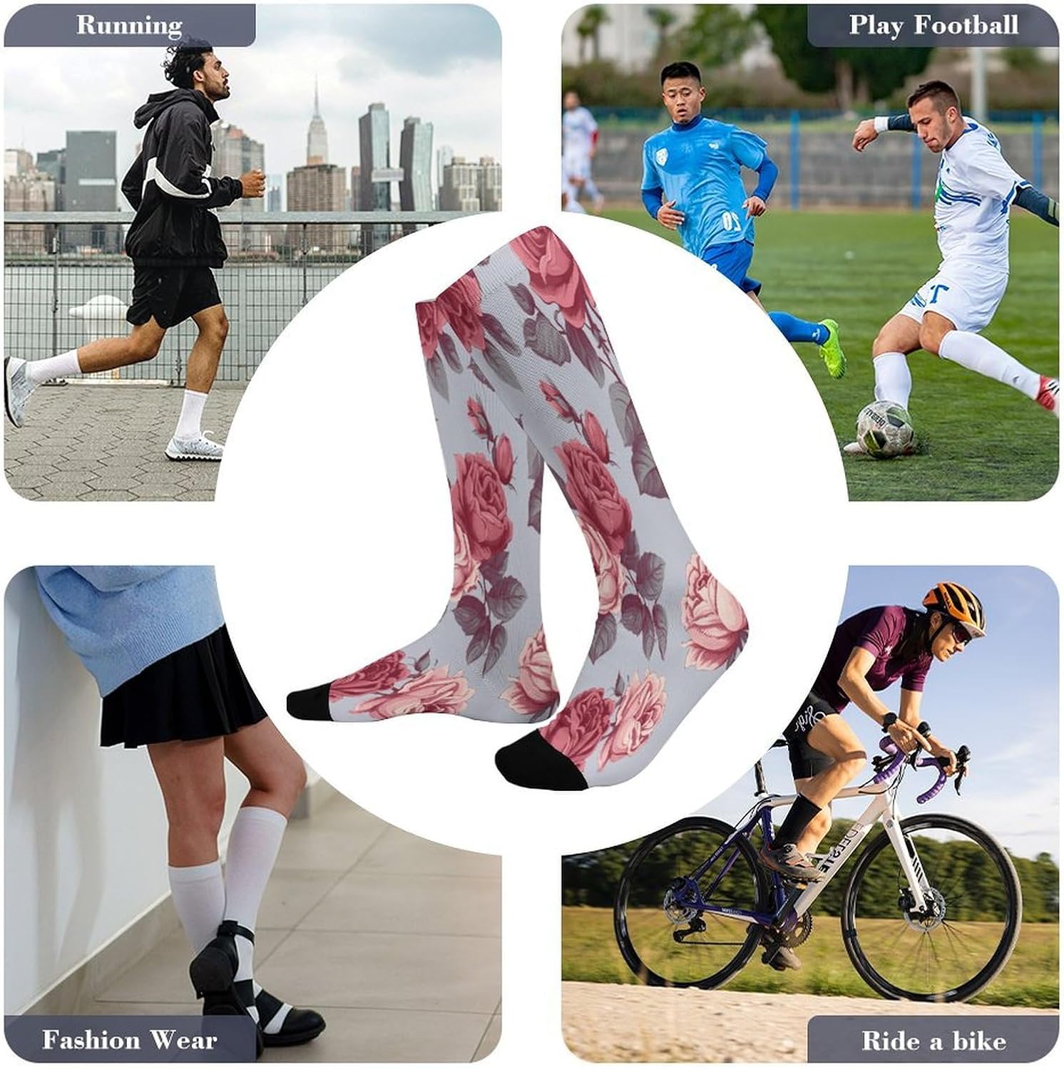 Red Roses Floral Socks Hiking Boot Socks Casual Knee High Sock Cozy Outdoor Sport Socks for Women Men