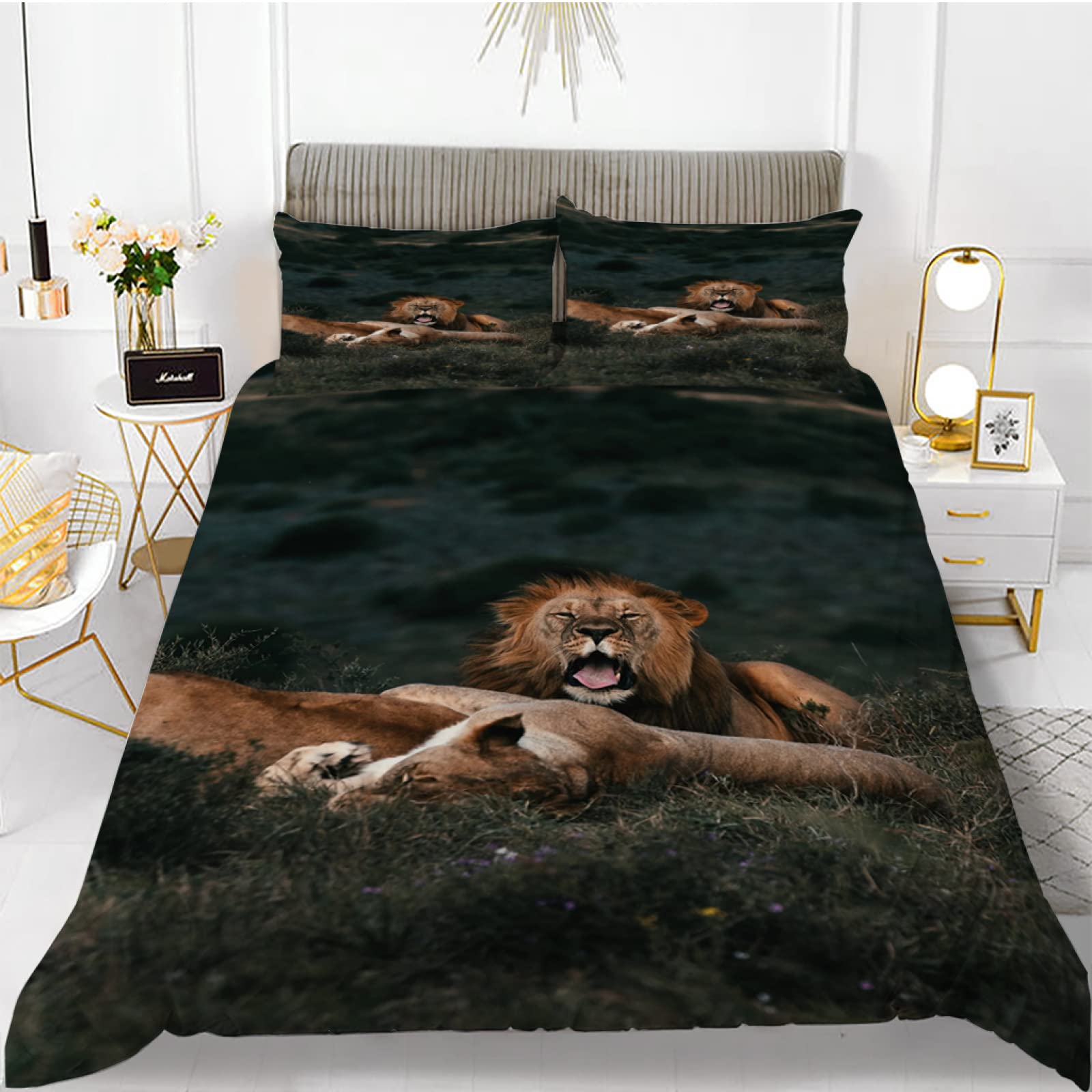 Parure de lit lion vert 220x240 microfibre thermorégulatrice sans repassage