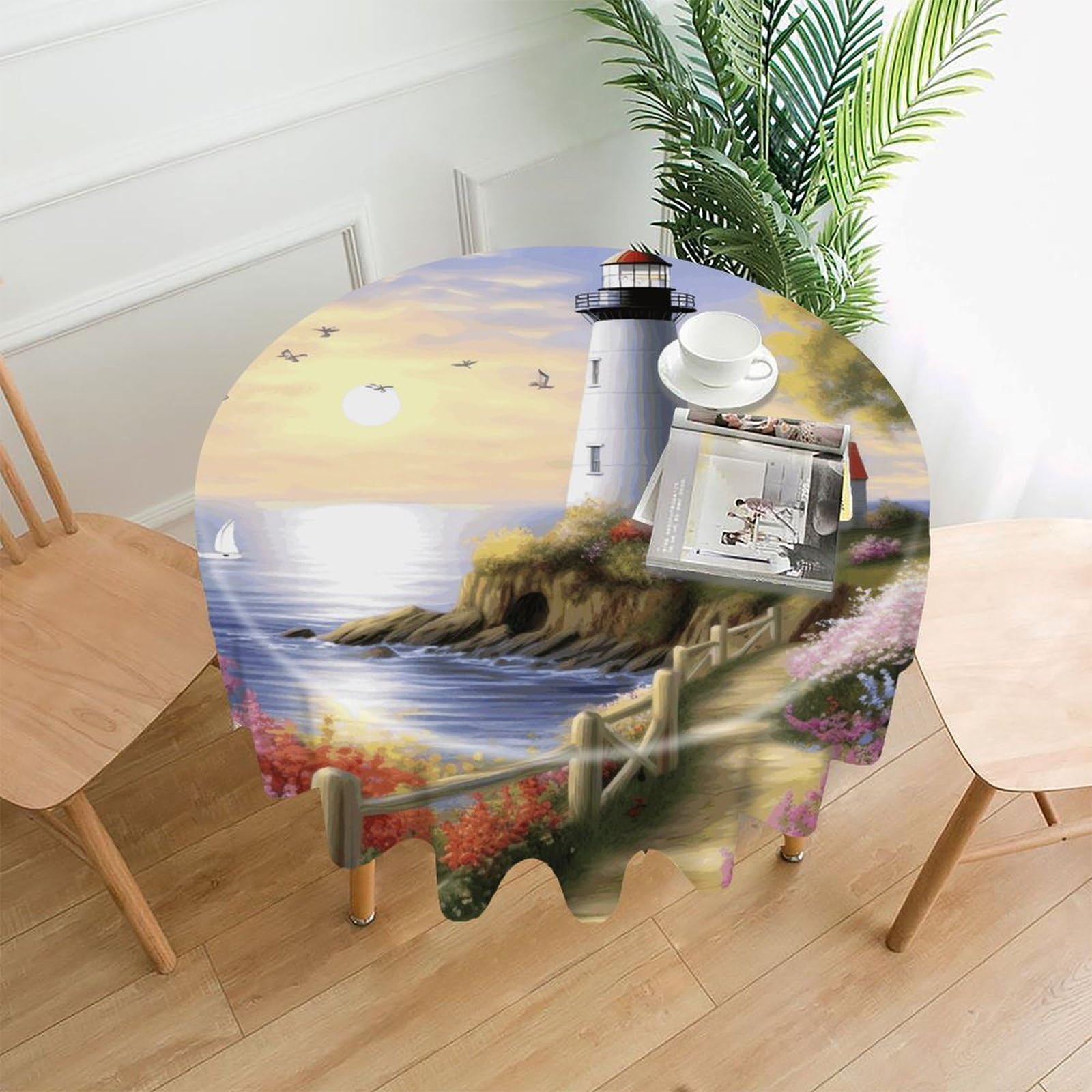 MUSM 60 Inch Lighthouse Diamond Painting Round Tablecloth Wipeable Washable Table Cover for Kitchen and Dining Room Decorative Table Cloth for Party Holiday Picnic Outdoor