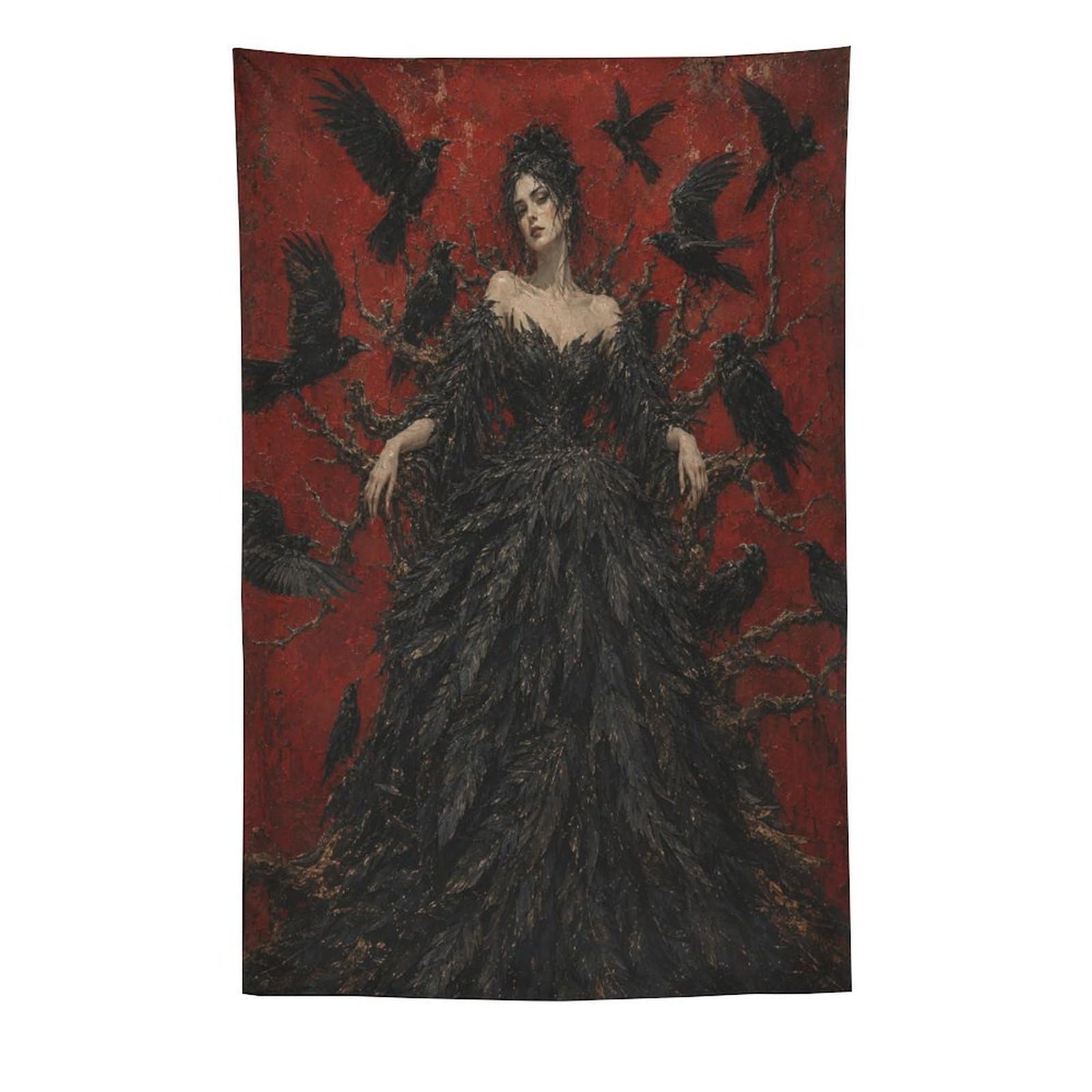 W7C8U2X3 Raven Woman with Black Feather Dress Wall Tapestry, Office