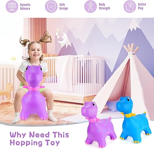 Miniatura 4 de 2 piezas de dinosaurios inflables de dinosaurio saltando con bomba de dinosaurio para montar en saltar juguetes para niños de 6 años o más, 2 colores