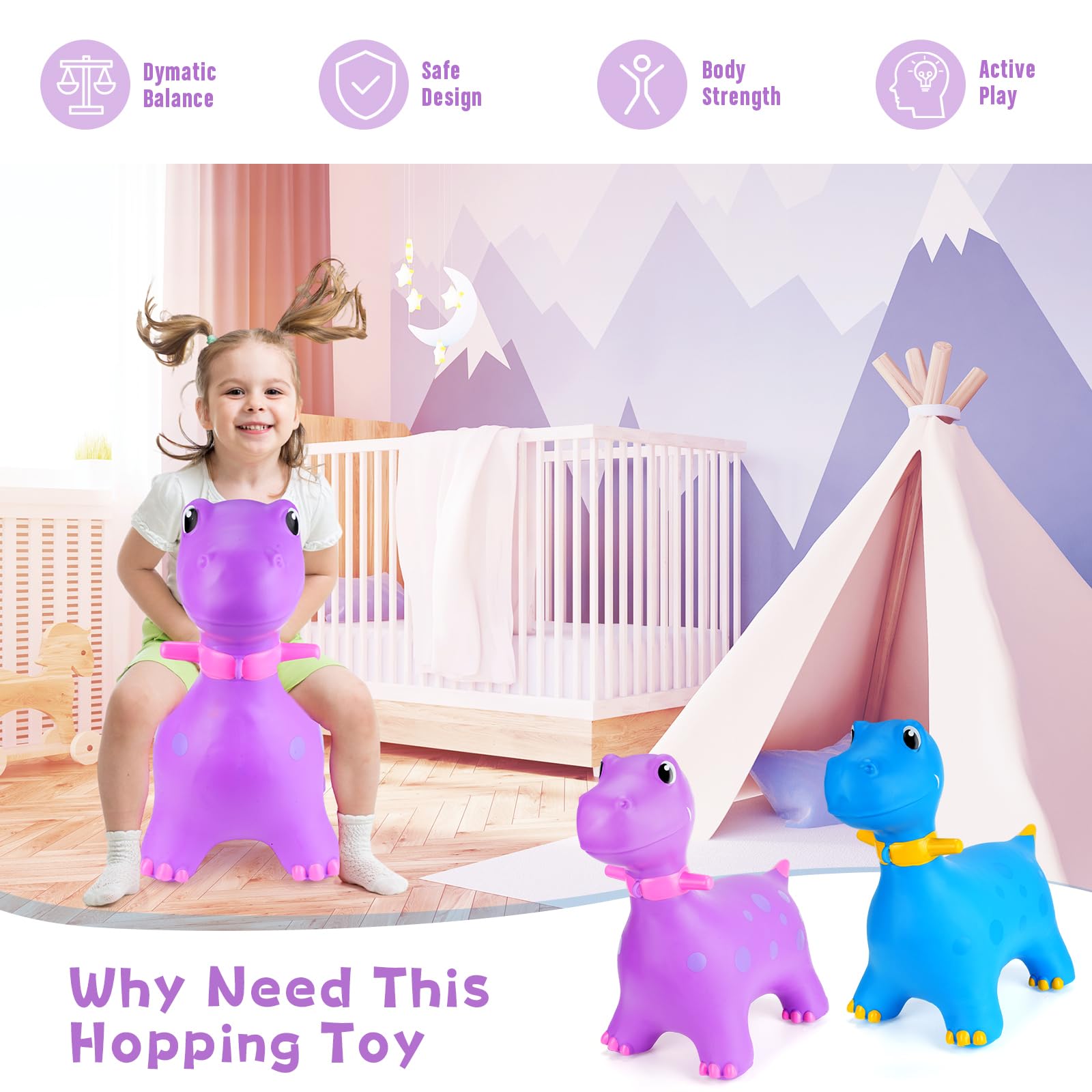 INPANY Dinosaur Bouncy Horse Hopper Toy - Inflatable Ride-On For Toddlers 2-4 Years, Pink Plush Triceratops