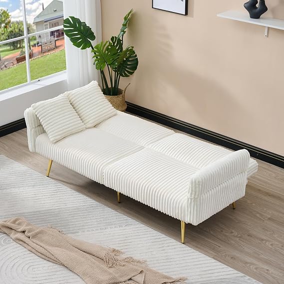 79 Corduroy Convertible Sofa Bed,Sleeper Sofa with Adjustable Armrests & Backrest, Multi-Functional Loveseat Couch with Throw Pillows & Metal Legs for Living Room, Apartment, Small Spaces (White)