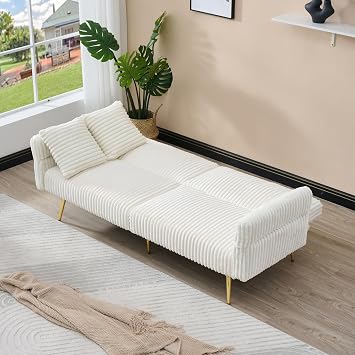 79 Corduroy Convertible Sofa Bed,Sleeper Sofa with Adjustable Armrests & Backrest, Multi-Functional Loveseat Couch with Throw Pillows & Metal Legs for Living Room, Apartment, Small Spaces (White)