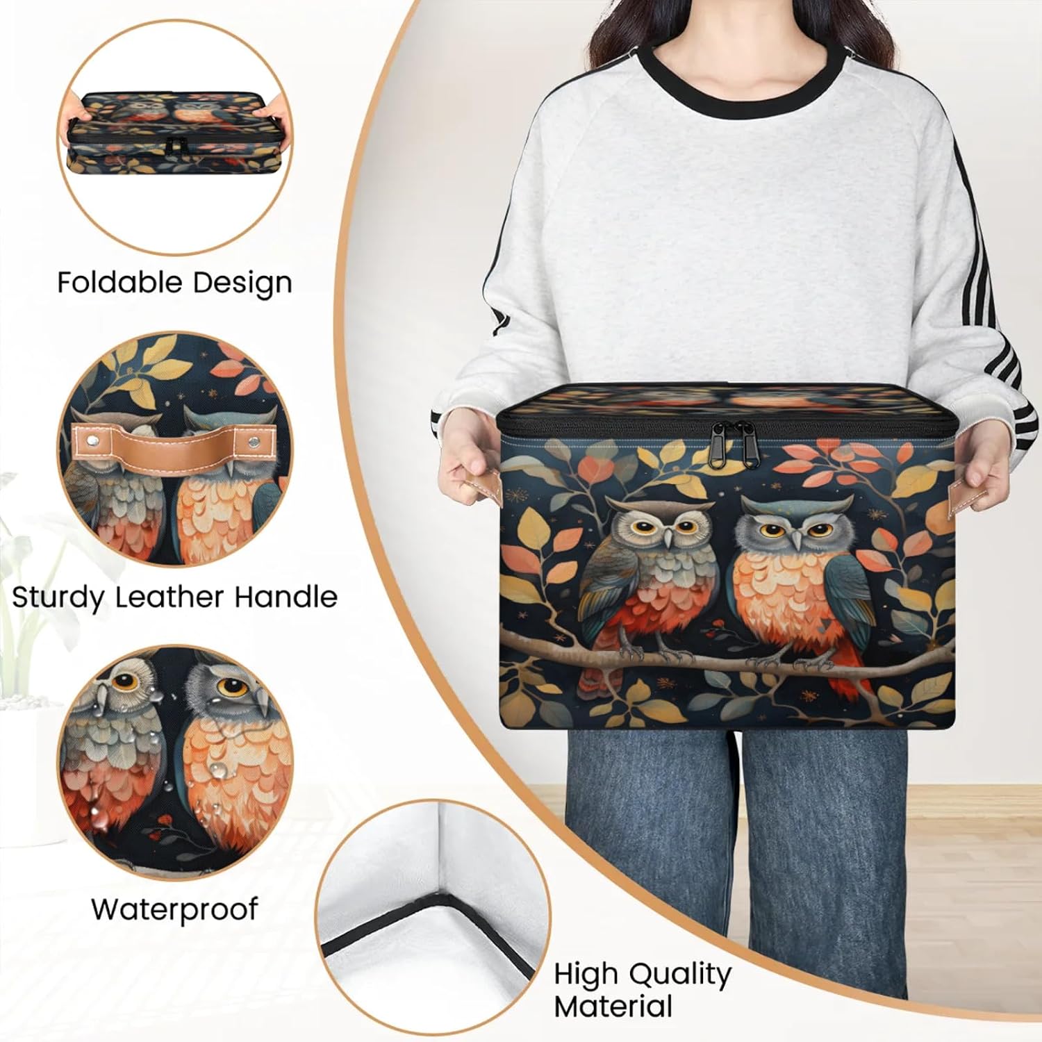 Storage Bin Set of 2 Branch Owl Storage Basket with Zipper Lid & Handle Foldable Closet Shelf 2 Pack Cloth Organizer Basket Cube Bins Clothes Organizer for Nursery, Bedroom