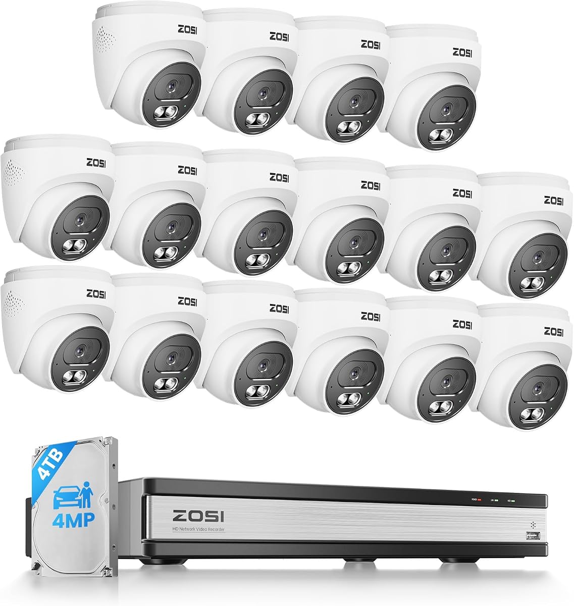 ZOSI C220 16CH 4K NVR with 16 x 4MP Audio PoE Dome Camera System, 4TB HDD | Two-Way Talk, AI Human/Vehicle Detection, Instant Alerts, 100ft Night Vision, IP66 Outdoor Indoor, 24/7 Record, Remote Access
