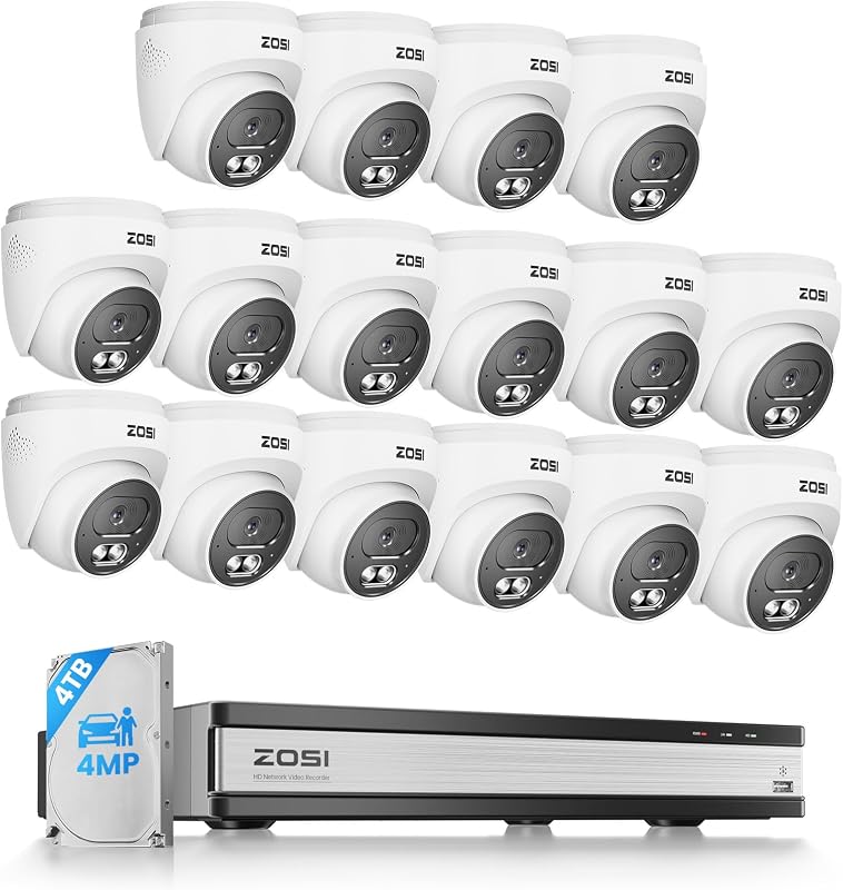 ZOSI C220 16CH 4K NVR with 16 x 4MP Audio PoE Dome Camera System, 4TB HDD | Two-Way Talk, AI Human/Vehicle Detection, Instant Alerts, 100ft Night Vision, IP66 Outdoor Indoor, 24/7 Record, Remote Access