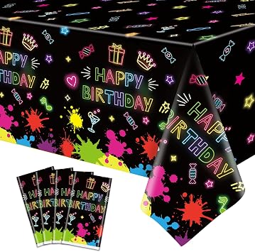 4 Pack Glow Party Table Covers Neon Tablecloths Disposable Plastic Neon Table Cloth Black Light Tablecloth Black Light Decorations Glow in The Dark Party Supplies Blacklight Decor 86 x 51 Inch