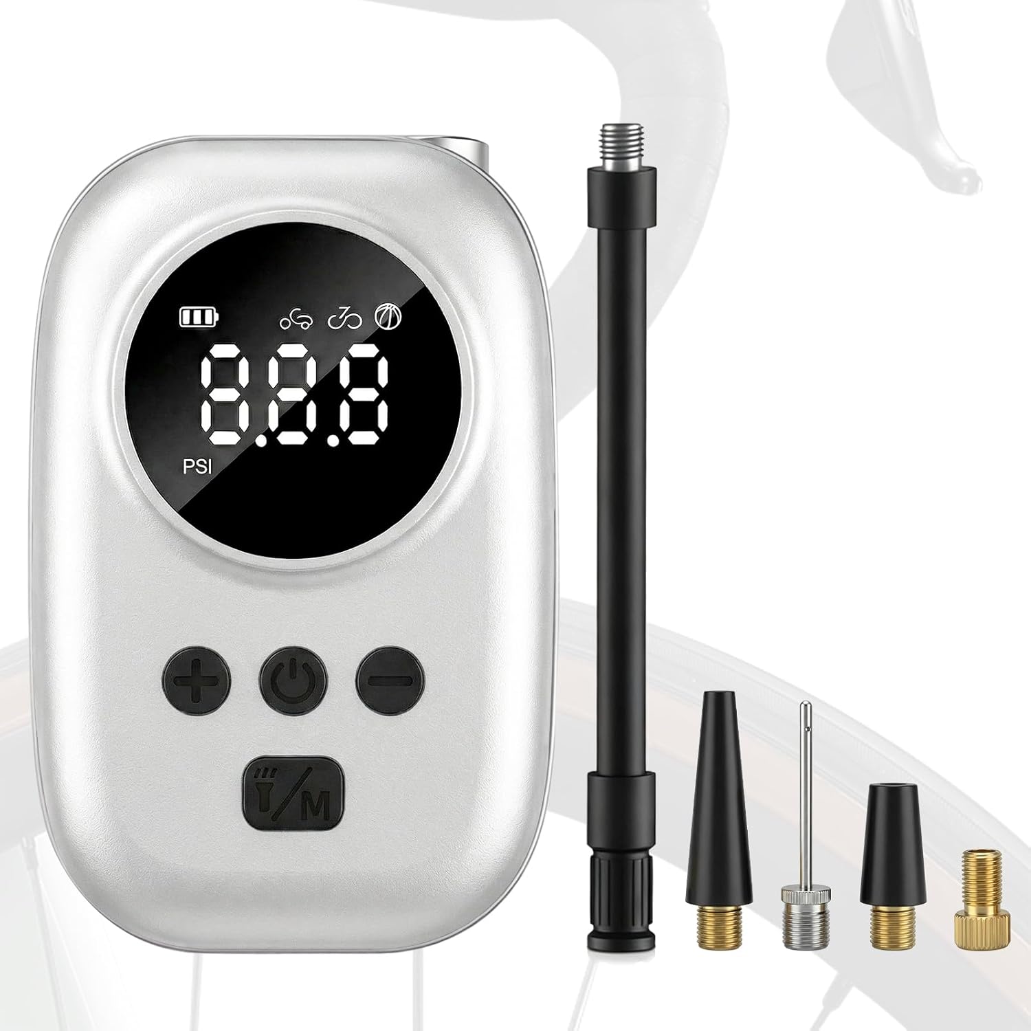 Mini Bike Pump, 120PSI Fast Inflate Bike Pump with Gauge, Electric Rechargeable Air Pump with Presta and Schrader Valve, Auto Stop for Mountain Bike, Road Bike, Electric Bike, MTB - Silver