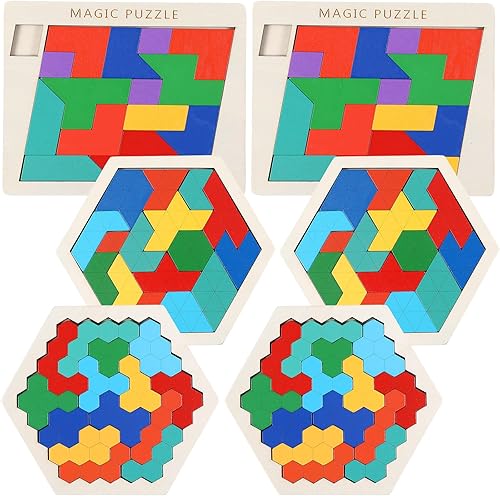 Poen Paquete de 6 rompecabezas Tangram para niños y adultos rompecabezas de madera rompecabezas hexagonal rompecabezas bloques de juguete juego de