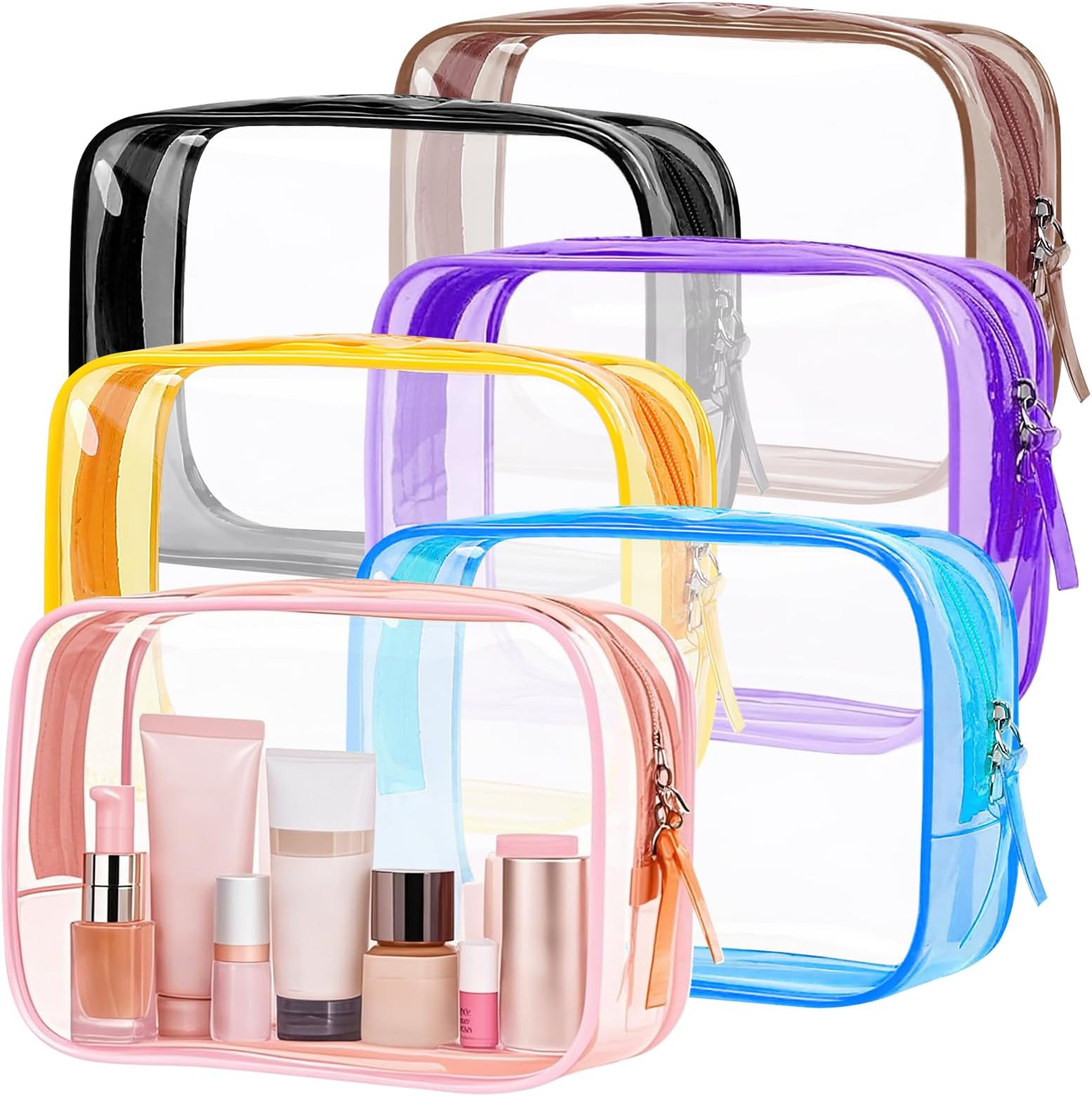 TSA Approved Toiletry Bag, 6 Pack Clear Toiletry Makeup Bag Cosmetic Bags Waterproof Quart Size Travel Bag for Women Men Carry on Airport Airline Bag - Mixed Color