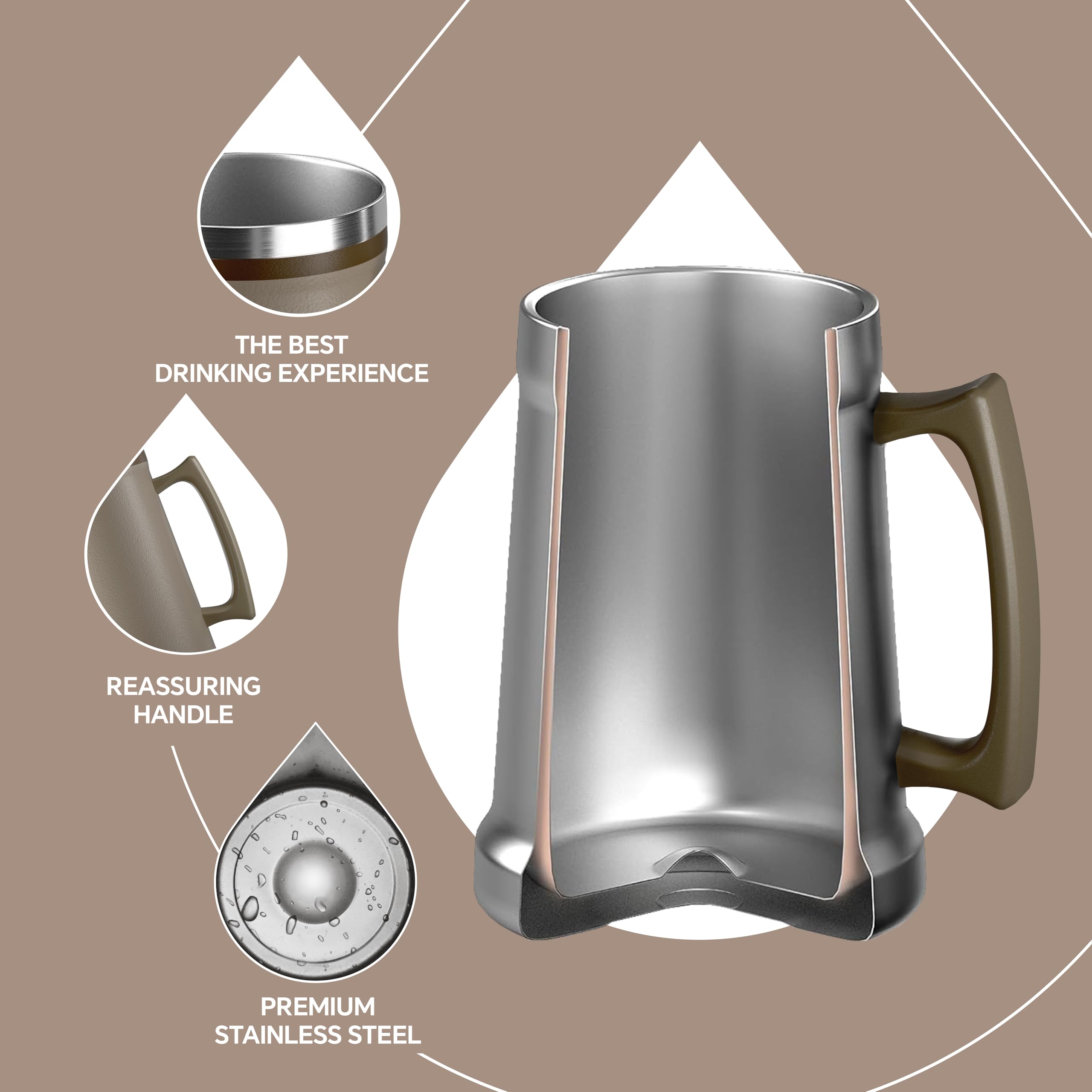 Ideus Jarra de cerveza aislada, 710/1000 ml, acero inoxidable, doble pared, vaso de cerveza gigante, vaso de metal con mango de agarre grande para fiestas y reuniones (rosa polvoriento, 34 onzas