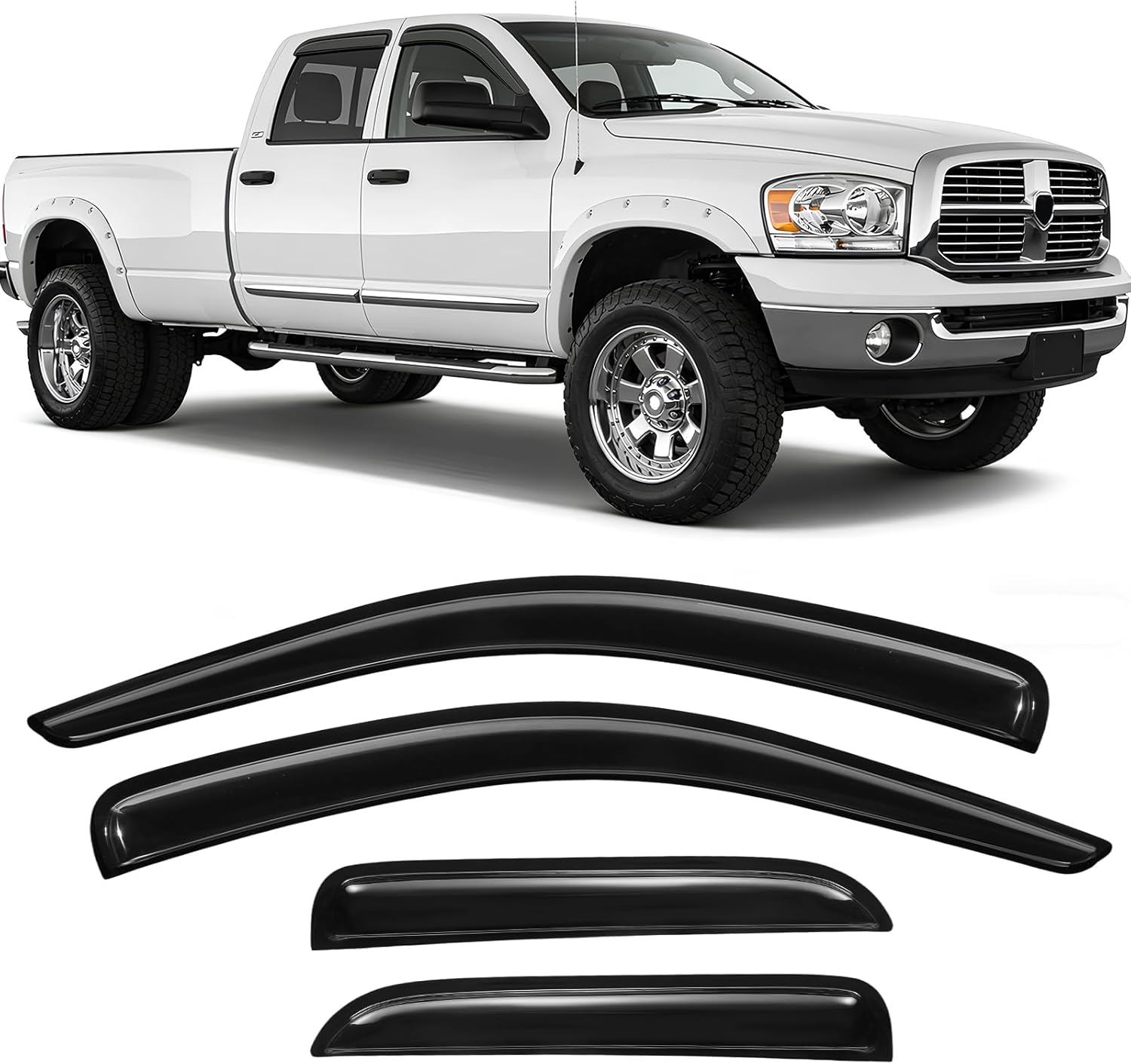 Rain Guards Fit for 2002-2008 Dodge Ram 1500 Quad Cab/Extended Cab/ 03-09 Dodge Ram 2500 3500, Tape-On Extra Durable Side Window Sun Rain Guard Visor Deflectors Black 4 PCS